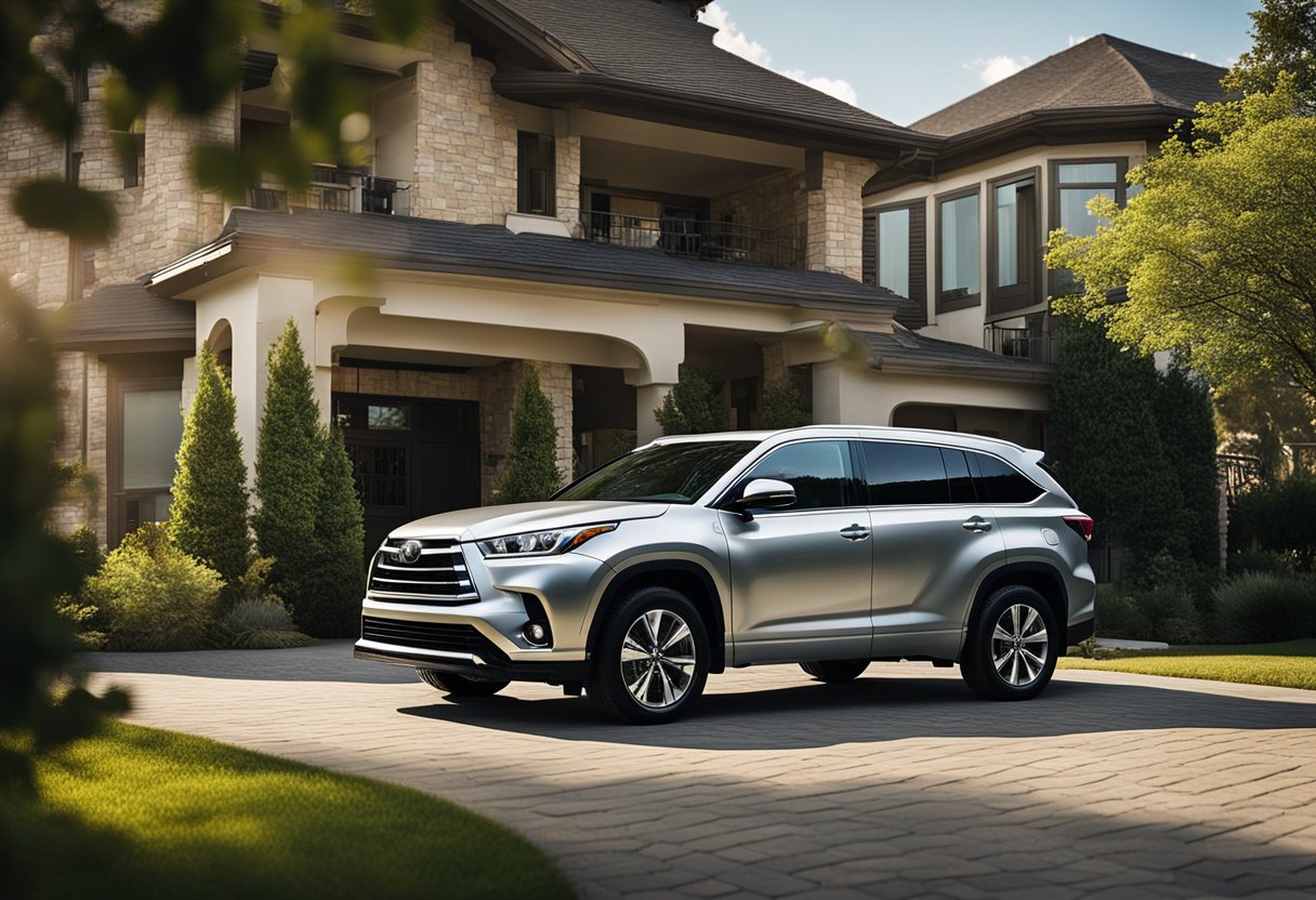 A Toyota Highlander parked in a driveway with the hood open and a technician installing a remote start system