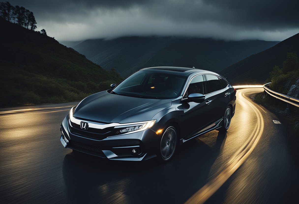 The Honda vehicle stability assist light glows on the dashboard as the car navigates a winding mountain road on a stormy night