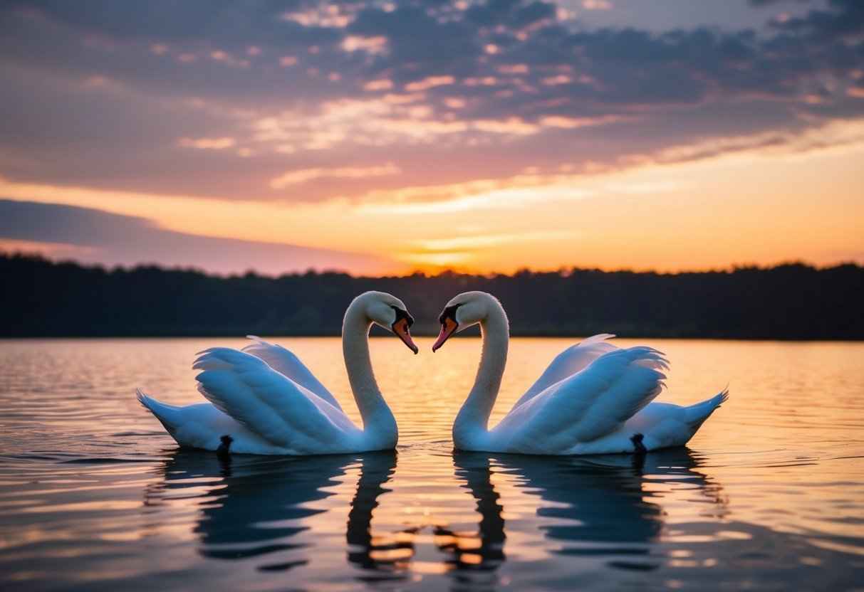 A serene sunset over a tranquil lake, with two swans gracefully gliding towards each other in a loving embrace