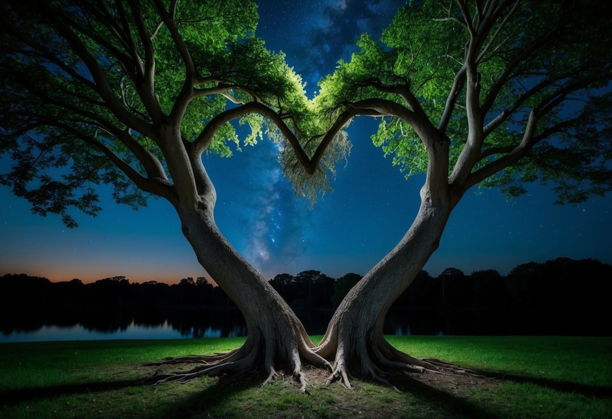 A serene, starlit night with two trees entwined at their roots, their branches reaching out to touch each other, creating a heart-shaped canopy