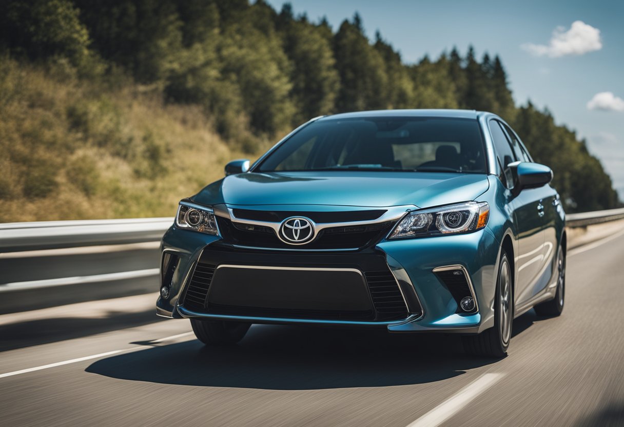 A Toyota car on a busy highway, with the Blind Spot Monitoring (BSM) system detecting and alerting the driver to nearby vehicles