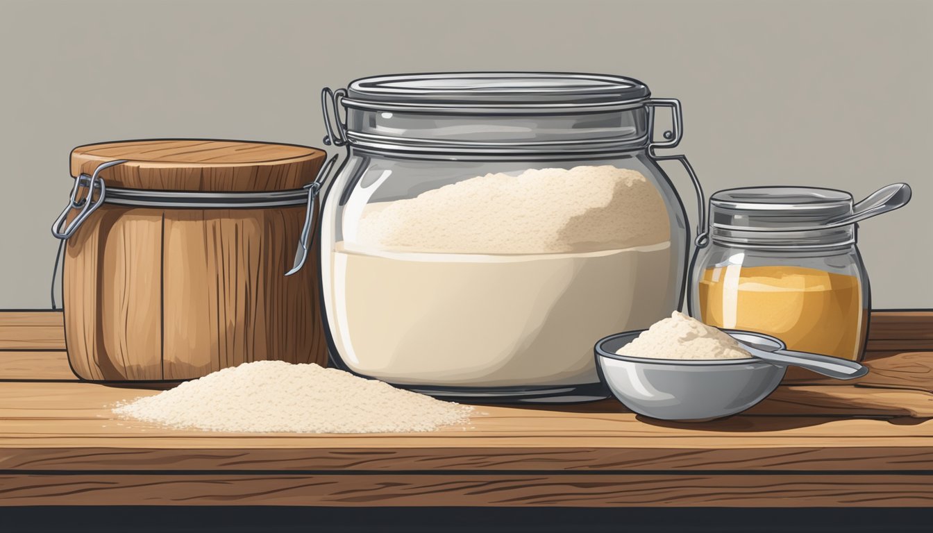 A rustic kitchen counter with a wooden cutting board, a bowl of flour, a jar of sourdough starter, and a mixing spoon