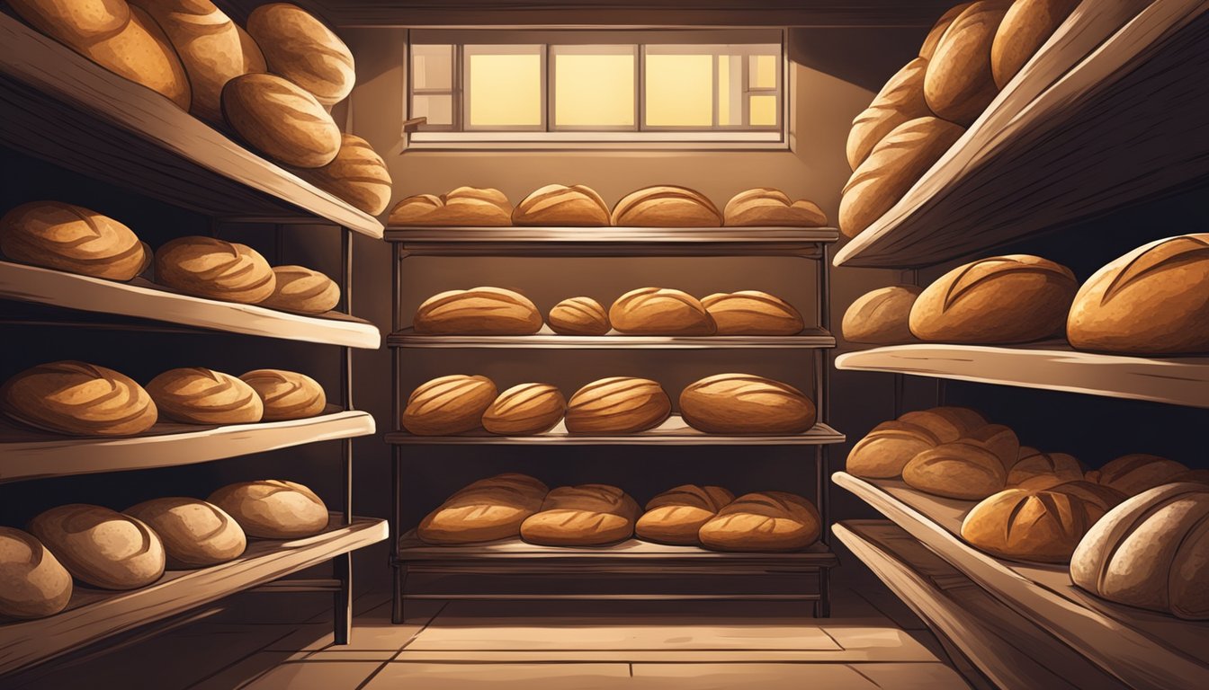 A rustic bakery with shelves of sourdough loaves, a warm, inviting glow from the oven, and a subtle aroma of freshly baked bread filling the air