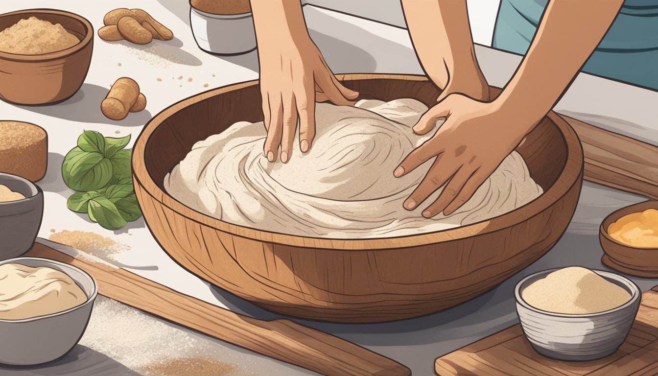 A pair of hands mixing and kneading vegan sourdough bread in a large wooden bowl on a flour-dusted countertop