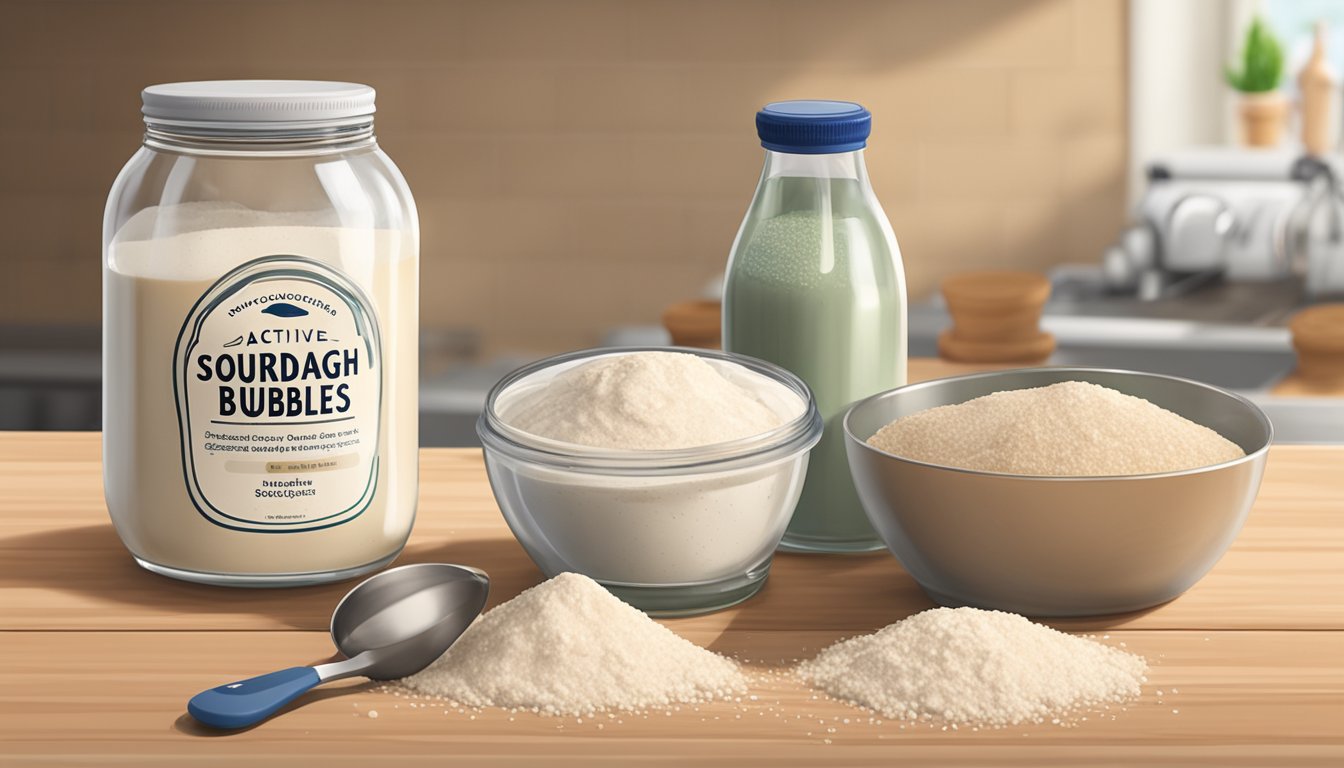 A jar of active sourdough starter bubbles on a kitchen counter, next to a bag of dry starter and a bottle of liquid starter, with measuring spoons and a scale nearby