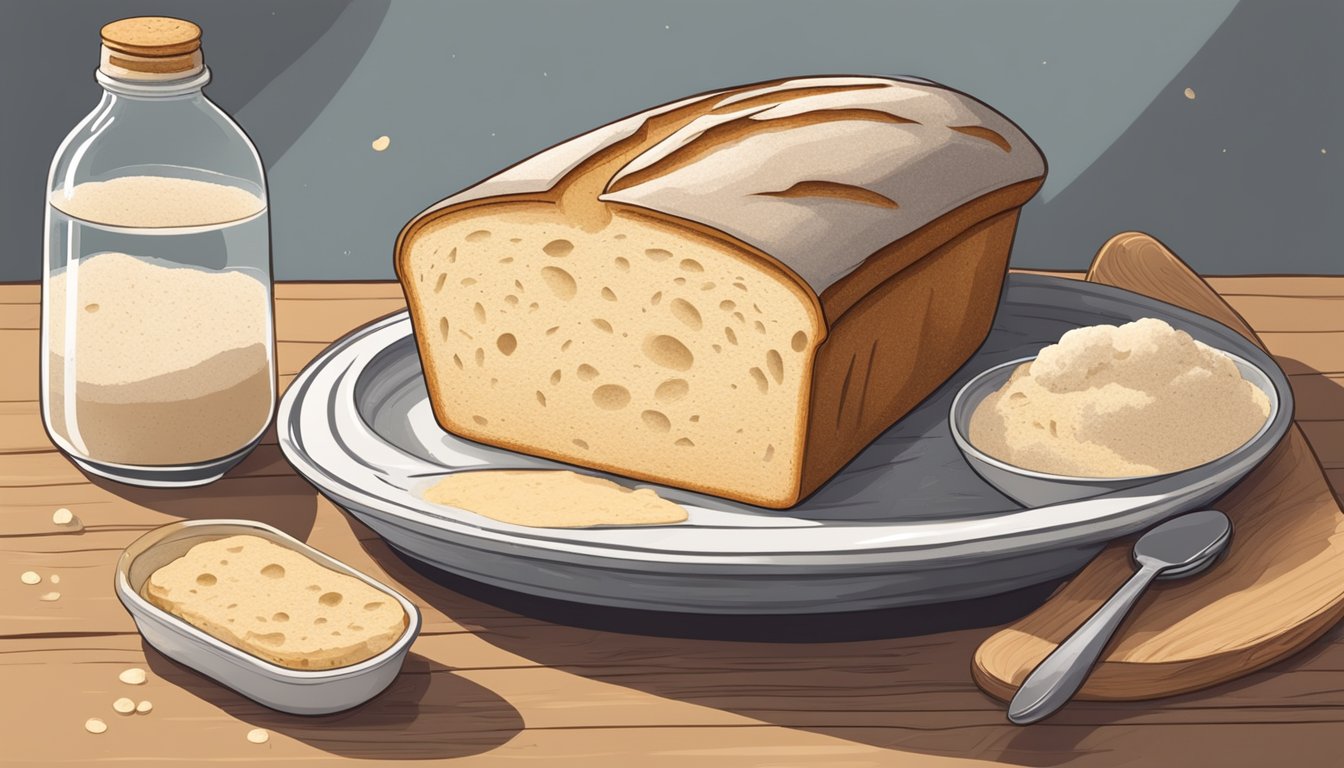 A rustic wooden table with a bowl of bubbly sourdough starter, a flour-dusted surface, and a loaf of freshly shaped vegan sourdough bread