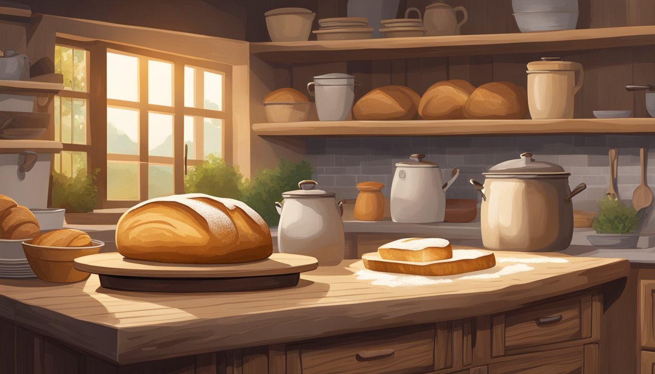 A rustic kitchen with a wooden table, flour-dusted countertops, and a warm oven emitting a golden glow. A sourdough loaf rises next to a proofing basket