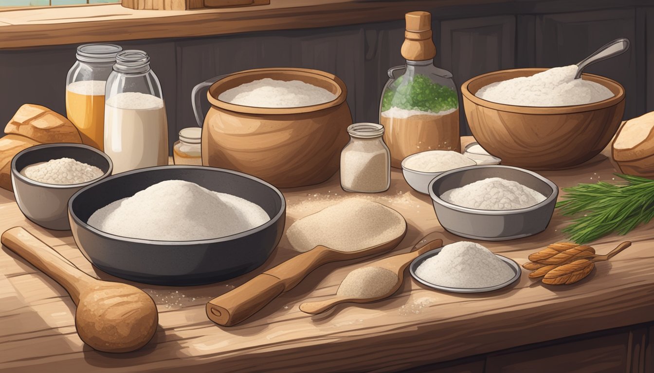 A rustic kitchen with a wooden table covered in flour, a bowl of bubbly sourdough starter, and various ingredients for making advanced vegan sourdough bread