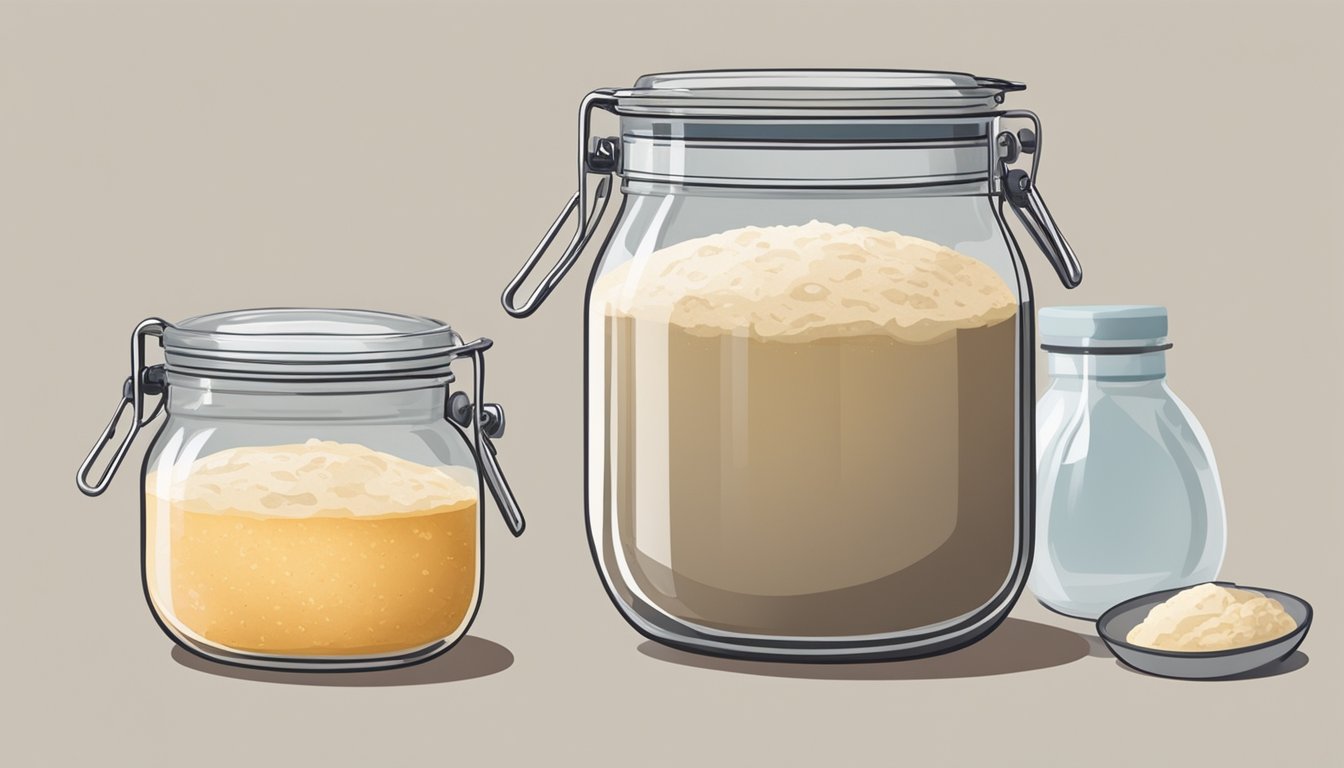 A table with two jars: one containing dry sourdough starter and the other with liquid starter. Bowls, flour, and water nearby for maintenance