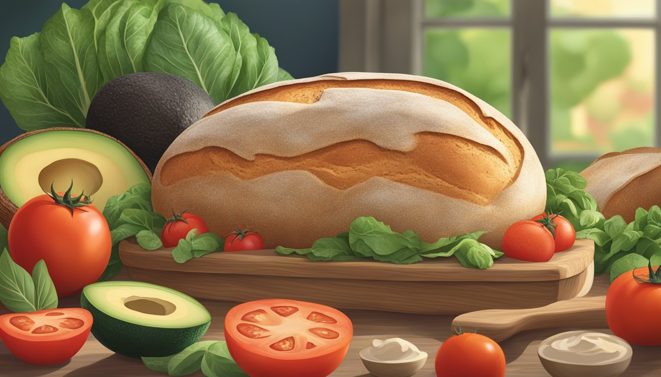 A loaf of sourdough bread surrounded by vibrant, fresh ingredients like tomatoes, avocados, and leafy greens, with a serene, natural backdrop