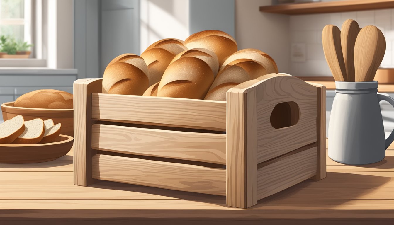 A rustic wooden bread box sits on a kitchen counter, filled with freshly baked vegan sourdough loaves. A knife and cutting board are nearby