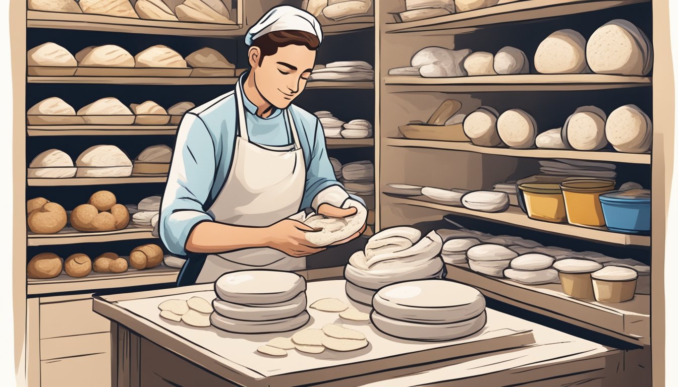 A baker carefully kneads sourdough bread dough, surrounded by shelves of ingredients and research papers