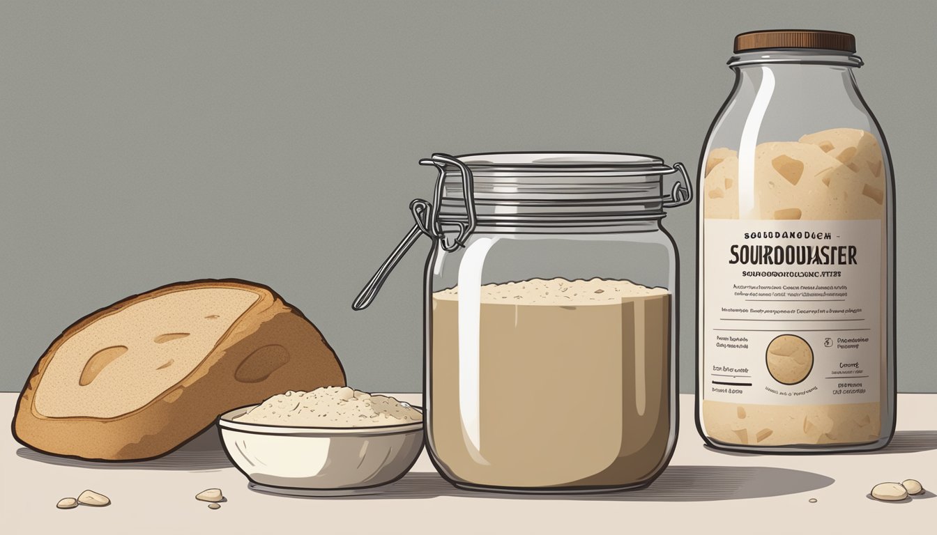 A glass jar with a dry sourdough discard starter next to a bowl of liquid sourdough discard starter, both labeled for maintenance