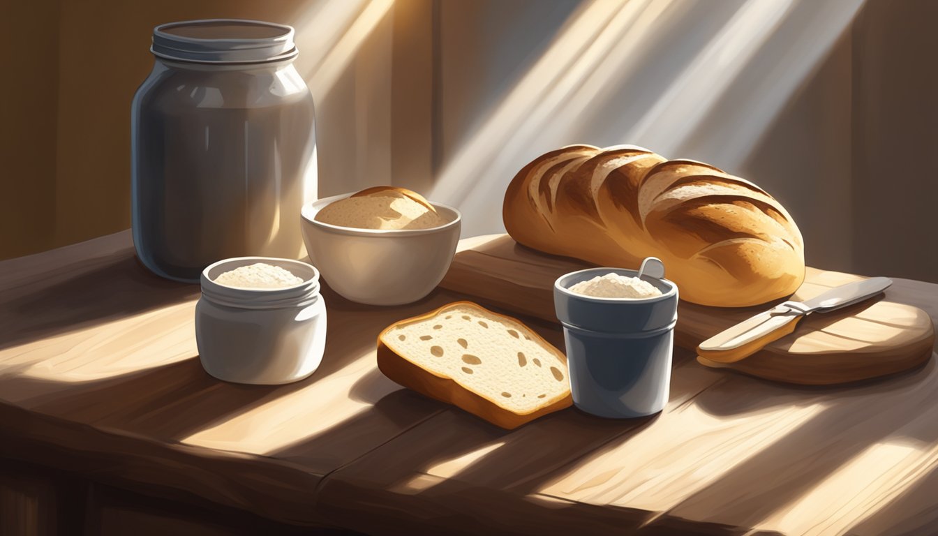 A rustic wooden table with a freshly baked loaf of sourdough bread, a jar of starter, and a scattering of flour. Sunlight streams in from a nearby window, casting warm, inviting shadows