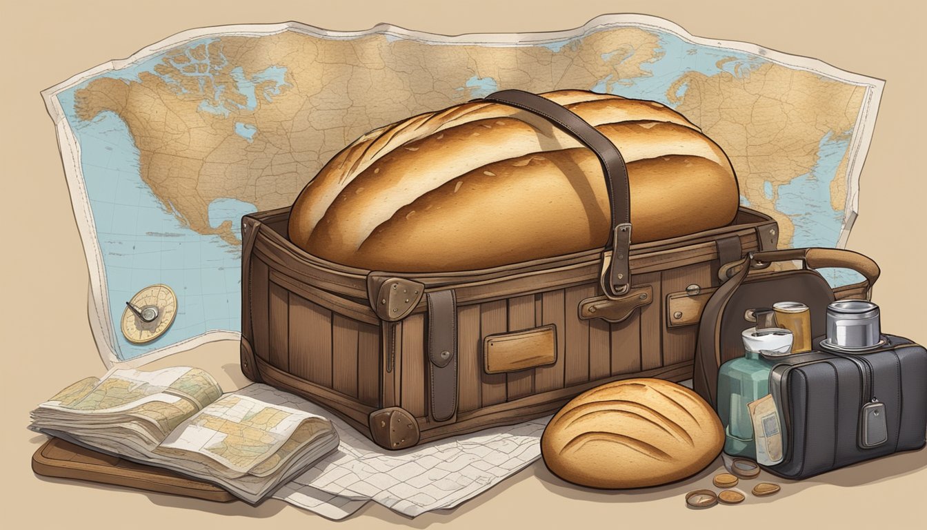 A loaf of sourdough bread sits in a rustic woven basket, surrounded by travel essentials like a map, compass, and vintage suitcase