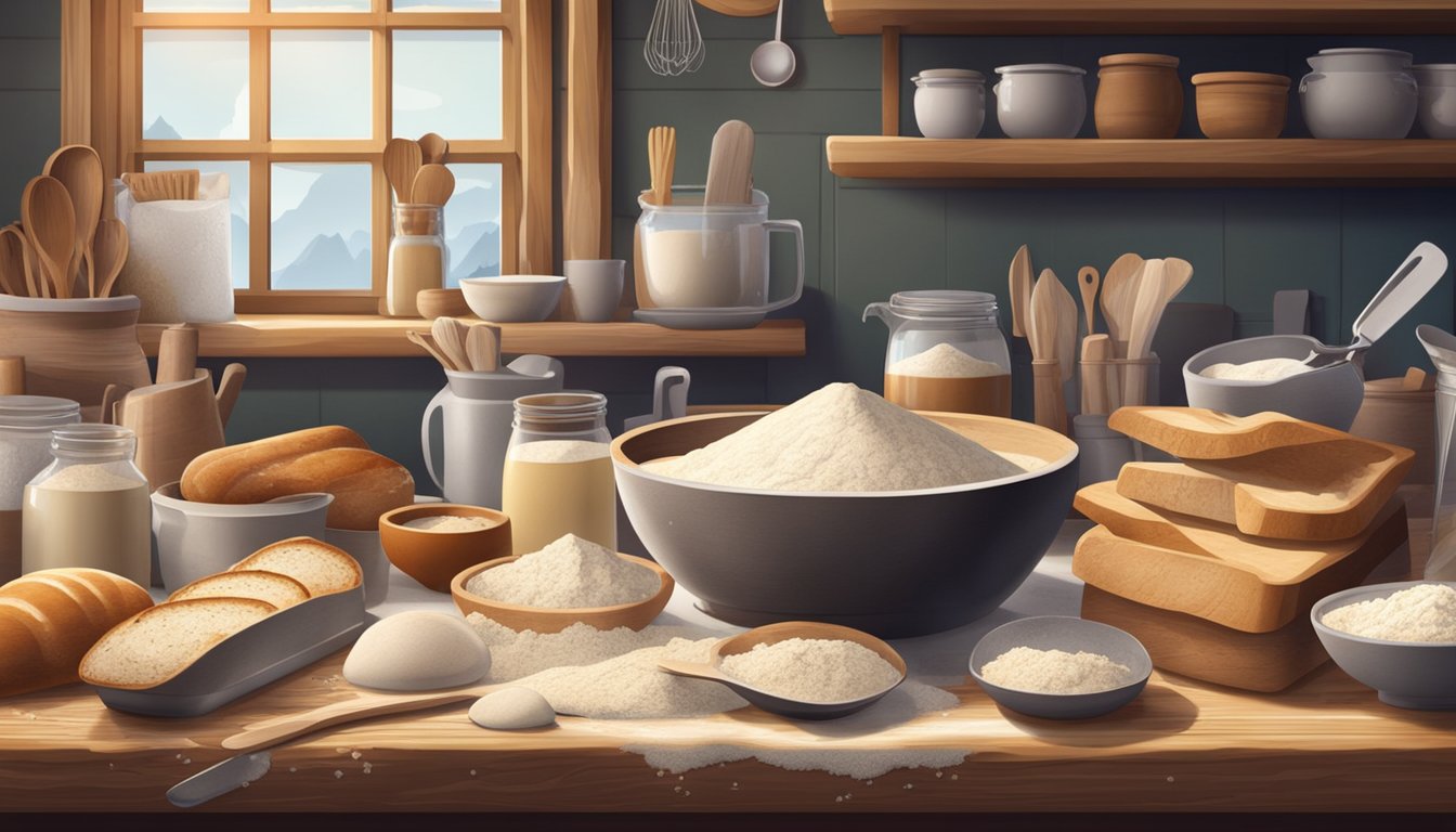 A rustic kitchen with a wooden table covered in flour and sourdough starter. Various baking tools and ingredients are scattered around the workspace