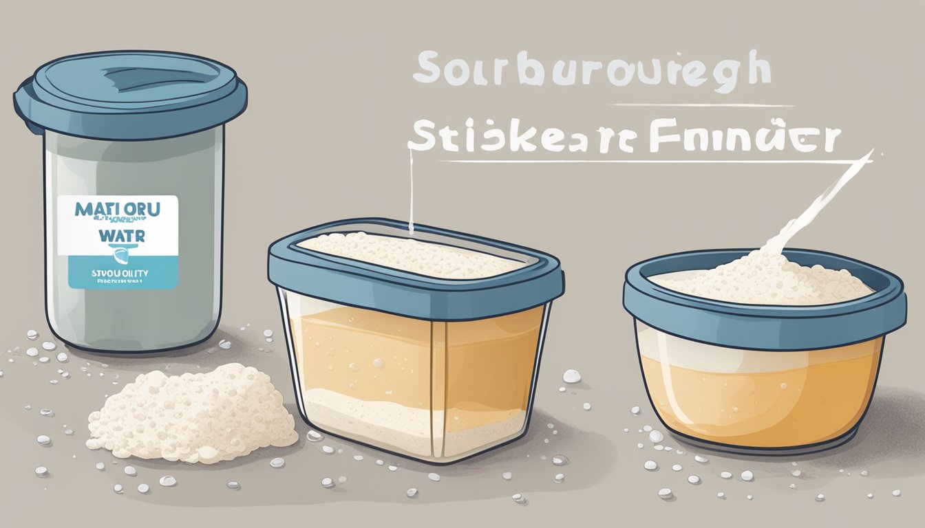 A bubbling sourdough starter sits next to two containers of water, one clear and pristine, the other murky and discolored. The contrast illustrates the impact of water quality on fermentation