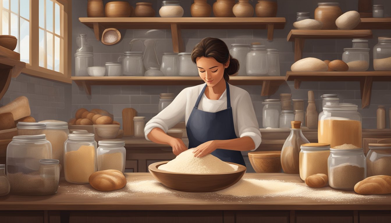 A baker kneading sourdough in a rustic kitchen, surrounded by jars of flour, a scale, and various ingredients