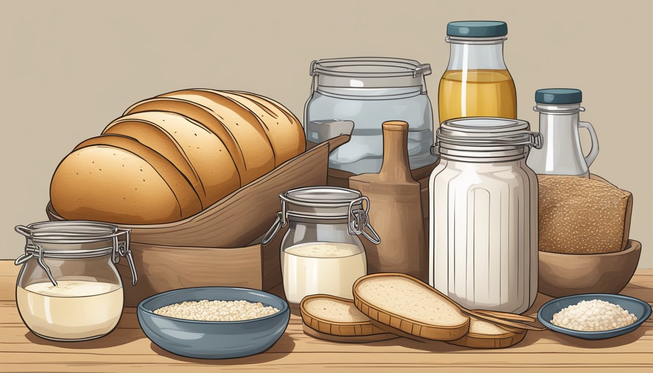 An artistically arranged array of bread-making tools and ingredients, with a focus on water quality testing and sourdough starter fermentation