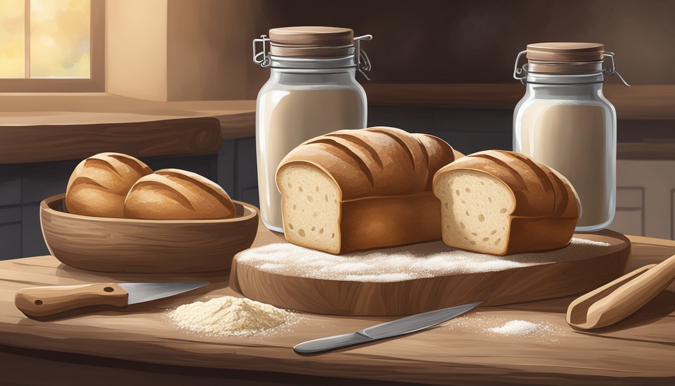 A rustic kitchen scene with a loaf of sourdough bread on a wooden cutting board, surrounded by flour, a jar of starter, and baking utensils