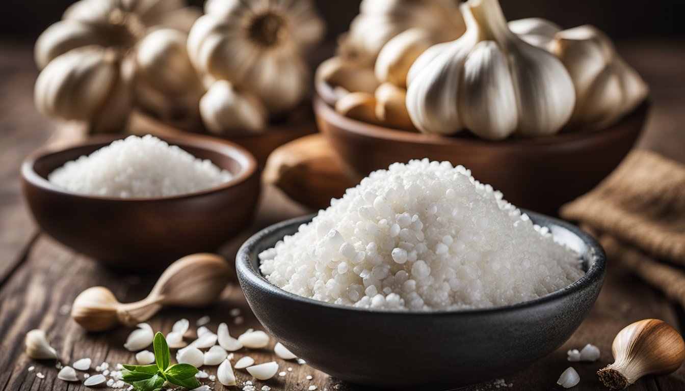 Garlic cloves, sea salt, and garlic powder in a bowl on a wooden table with a mortar and pestle