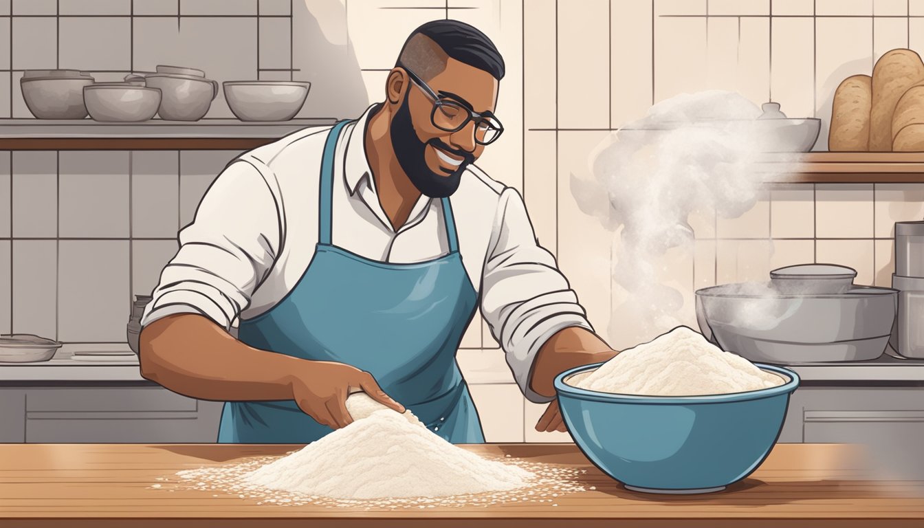 A baker pours water into a bowl of flour, capturing the moment of hydration in the sourdough baking process