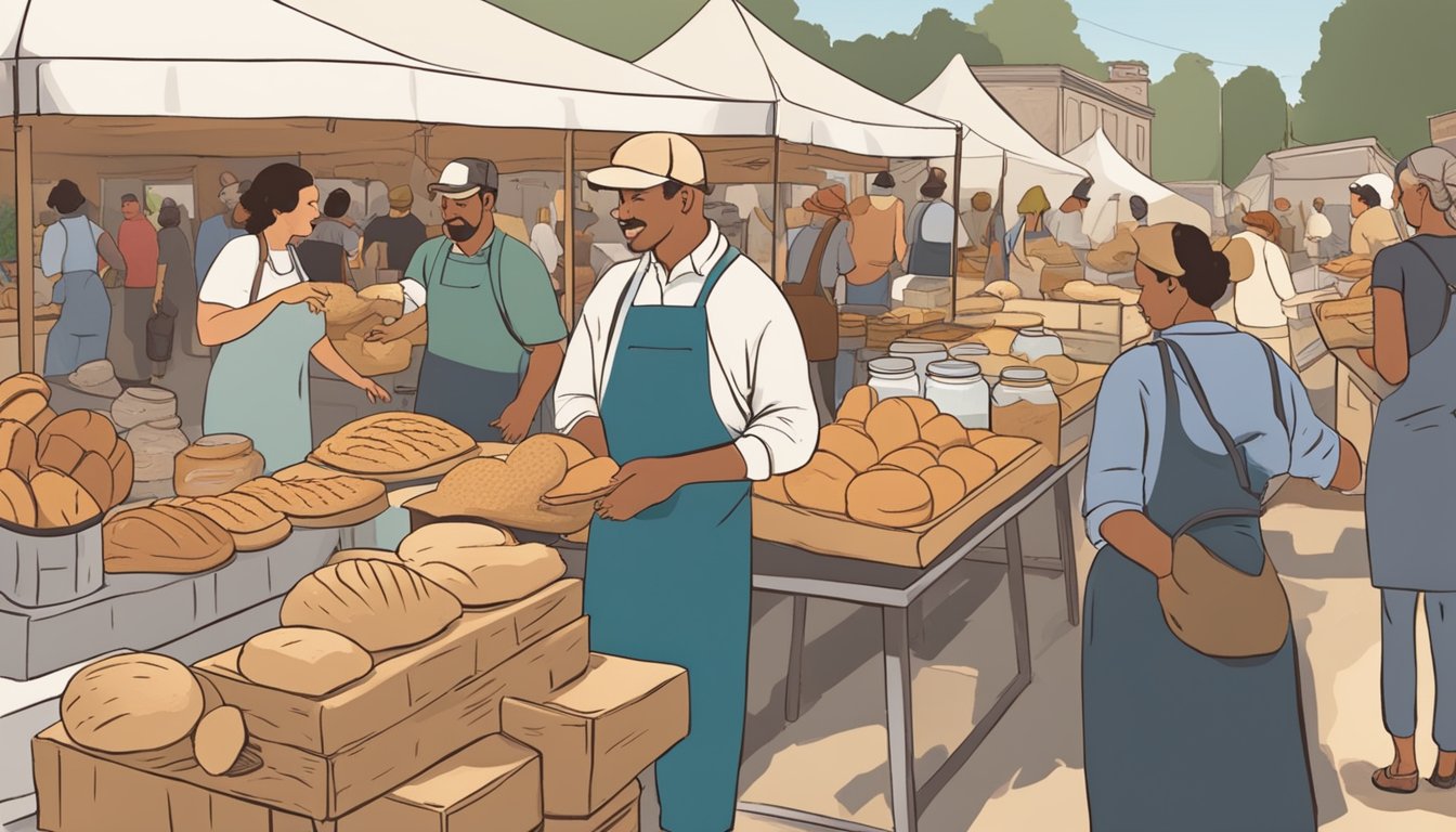 A bustling farmers' market with vendors selling sourdough loaves, jars of starter, and baking supplies. Customers chat about the art and economics of sourdough baking