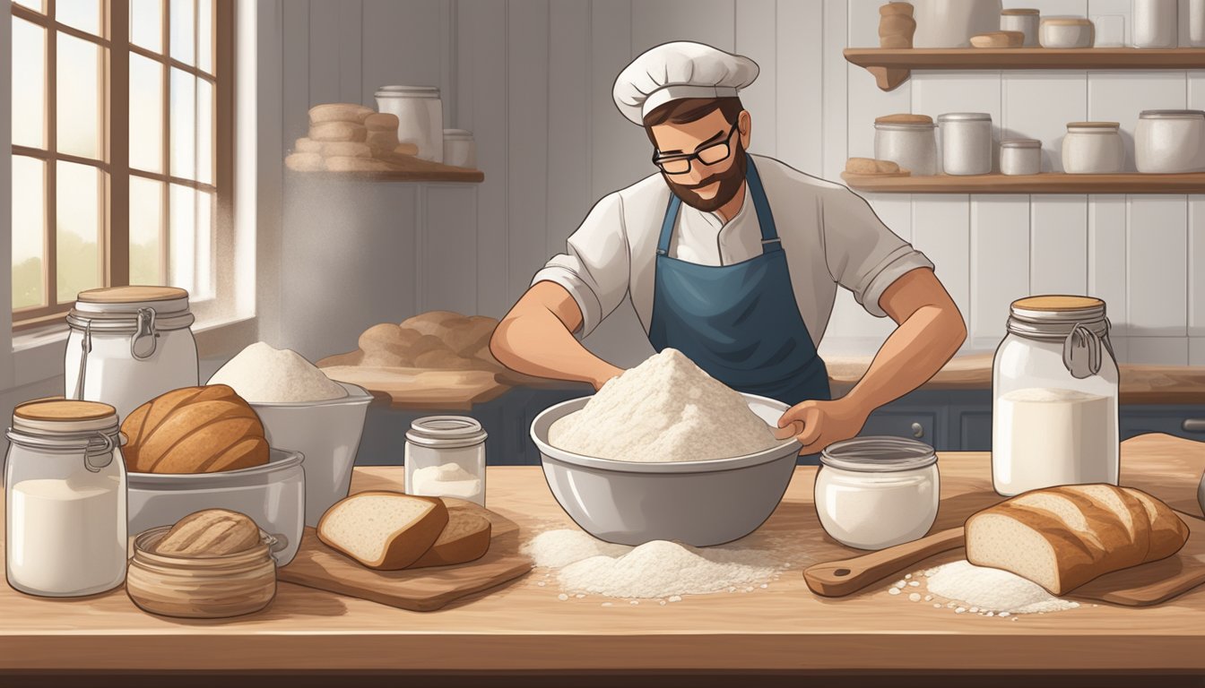 A baker pours water into a mixing bowl, surrounded by bags of flour and jars of sourdough starter. A loaf of sourdough bread sits on a wooden cutting board nearby