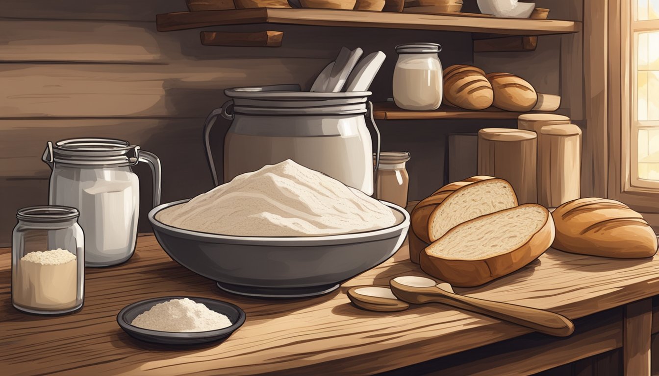 A rustic kitchen with flour, water, and a bowl of bubbling sourdough starter next to a wooden table with freshly baked loaves and a ledger of expenses