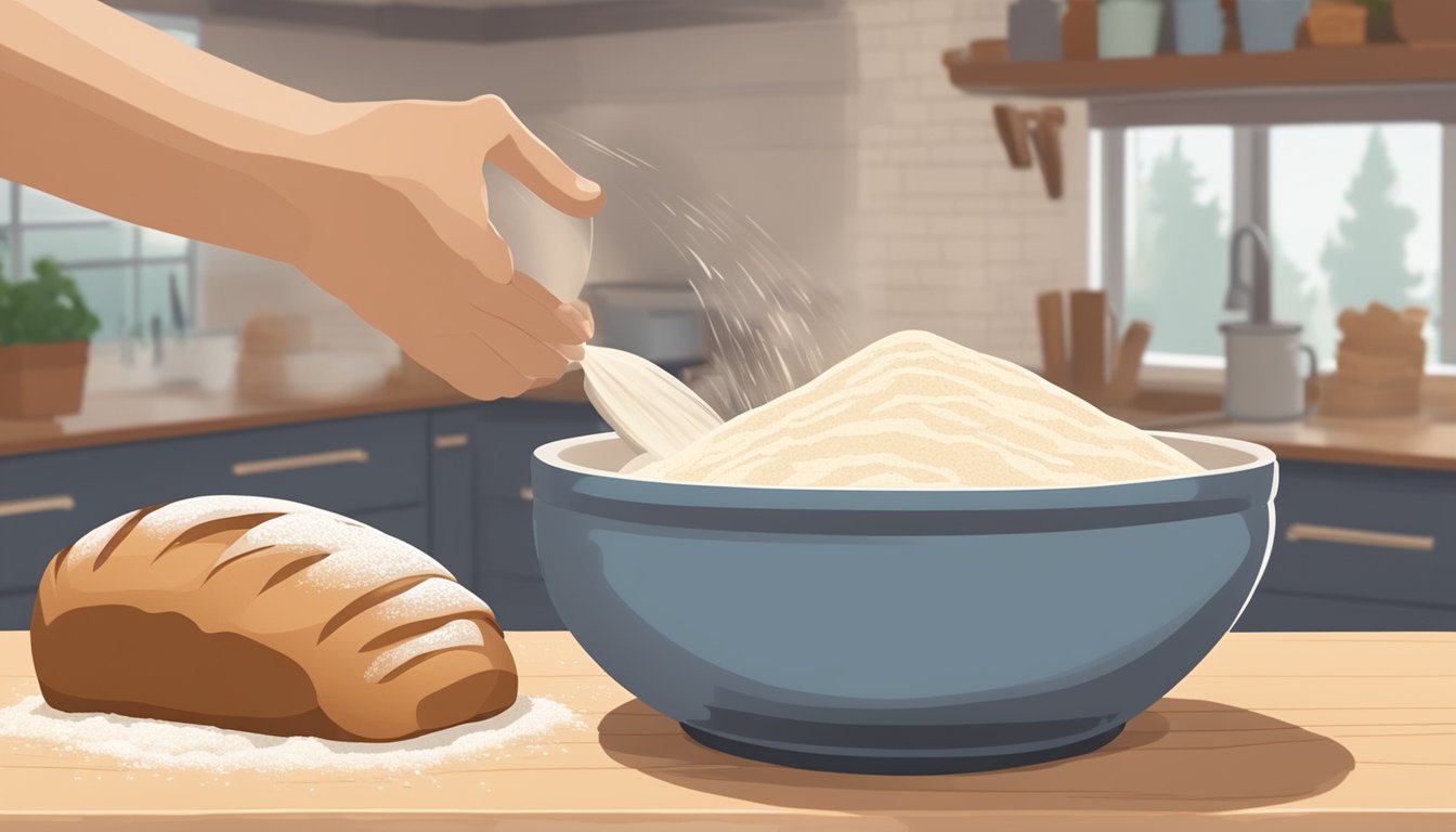 A baker pouring water into a bowl of flour, with a sourdough starter nearby and a loaf of bread rising in the background