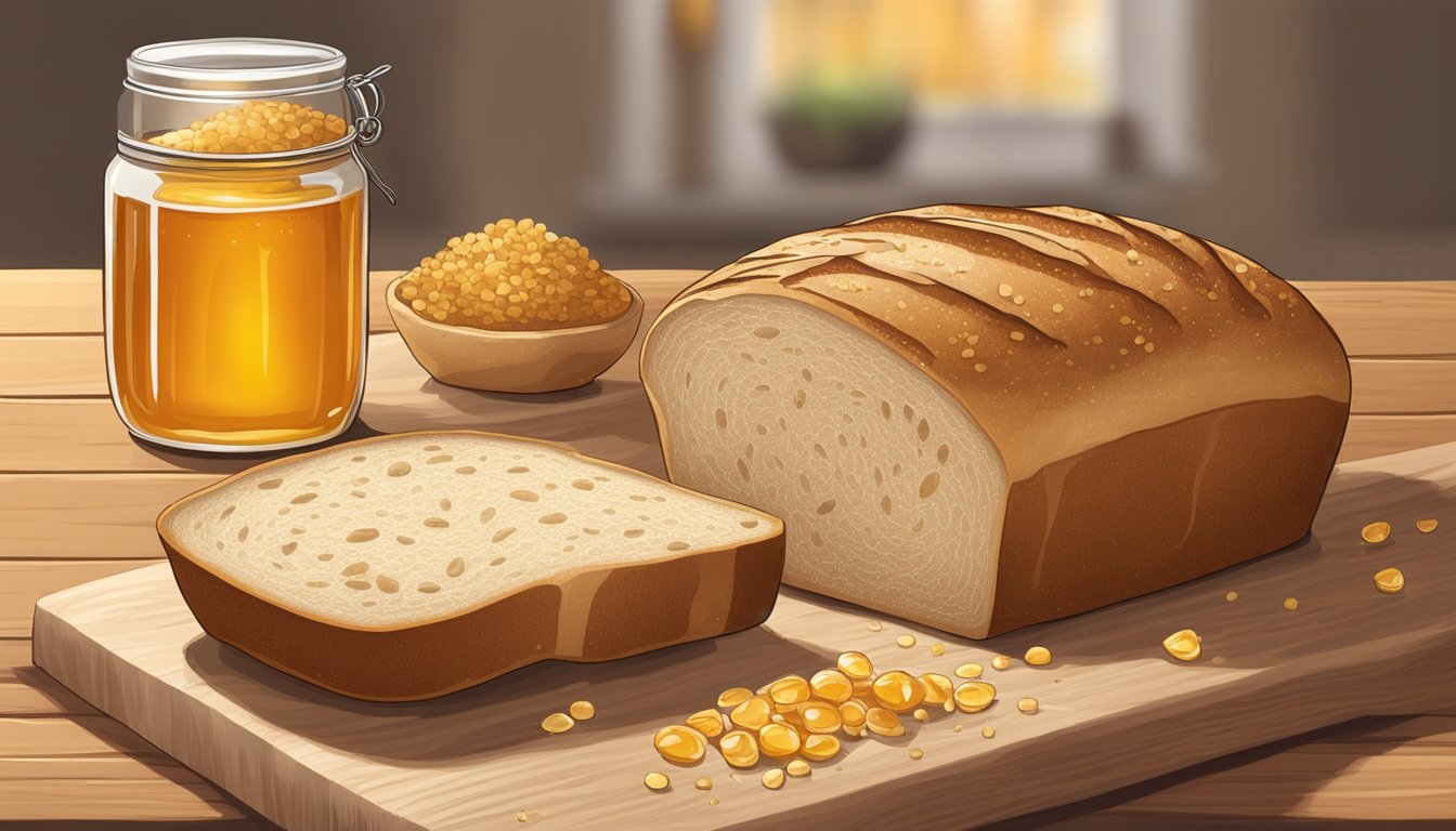 A loaf of sourdough bread sits on a wooden cutting board, surrounded by scattered grains and a jar of honey. The bread is golden brown with a crackling crust, emitting a warm, inviting aroma