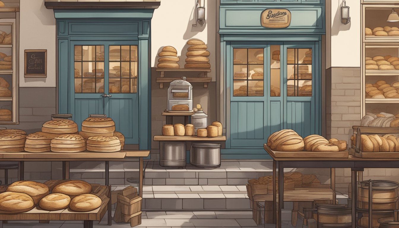 A rustic bakery with modern equipment and traditional sourdough starter cultures in a bustling urban setting