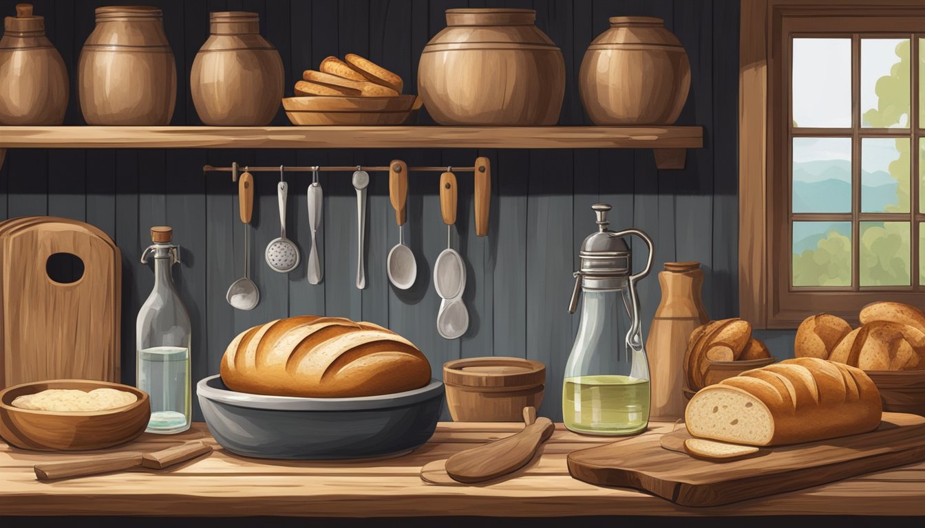 A rustic kitchen with a wooden table holding a loaf of sourdough bread, surrounded by various water sources such as a well, tap, and bottled water