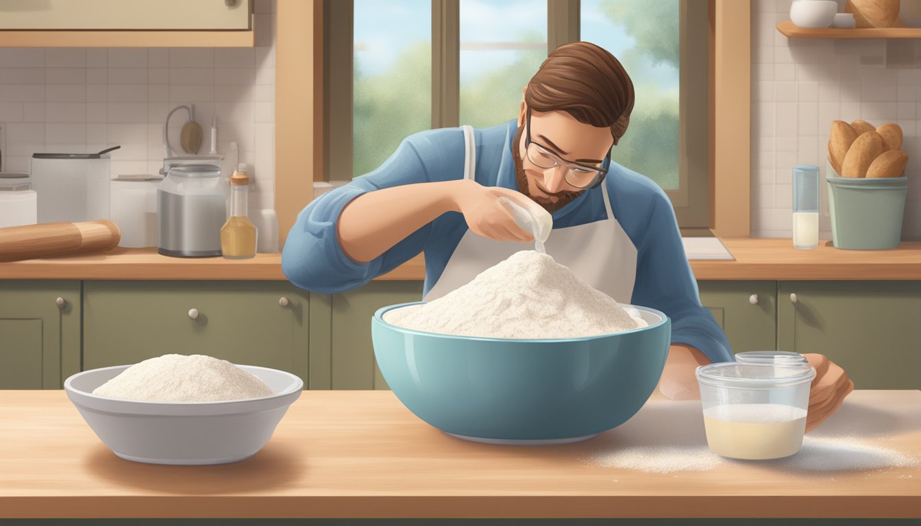 A baker pours water into a bowl of flour, with a sourdough starter nearby. A water quality testing kit sits on the counter