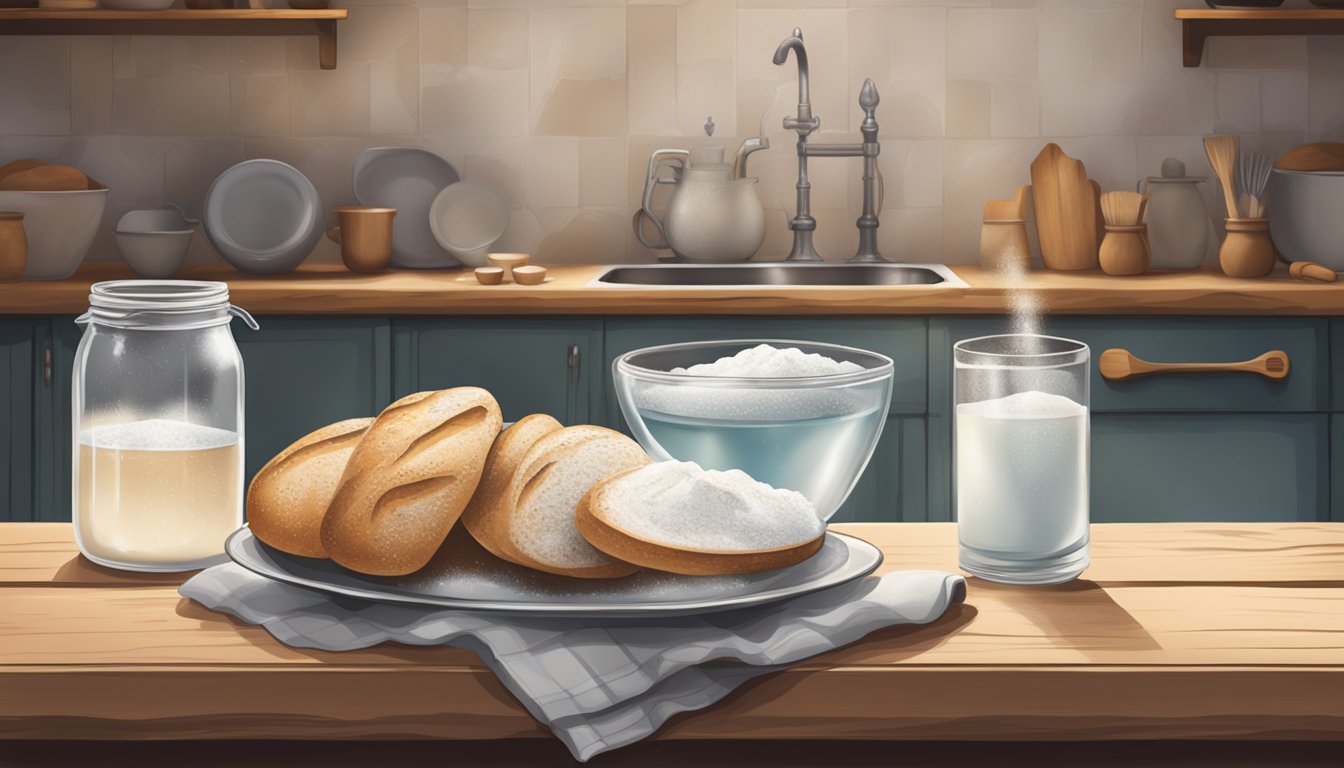 A rustic kitchen with a wooden table covered in flour, a bowl of sourdough starter, and a glass of water from a natural spring