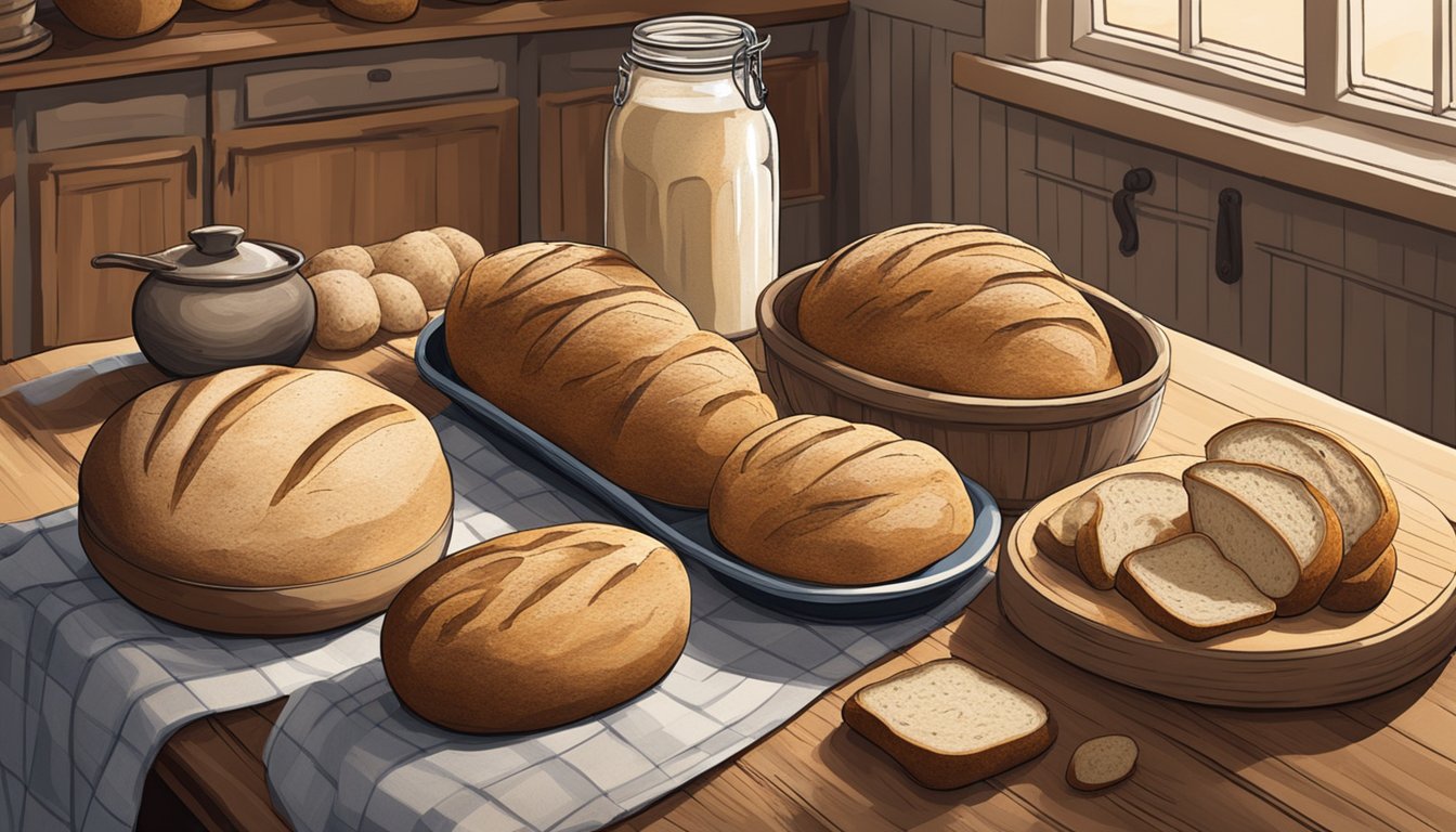 A rustic kitchen table with various sourdough bread loaves, each with unique shapes, textures, and scoring patterns. A jar of sourdough starter sits in the background