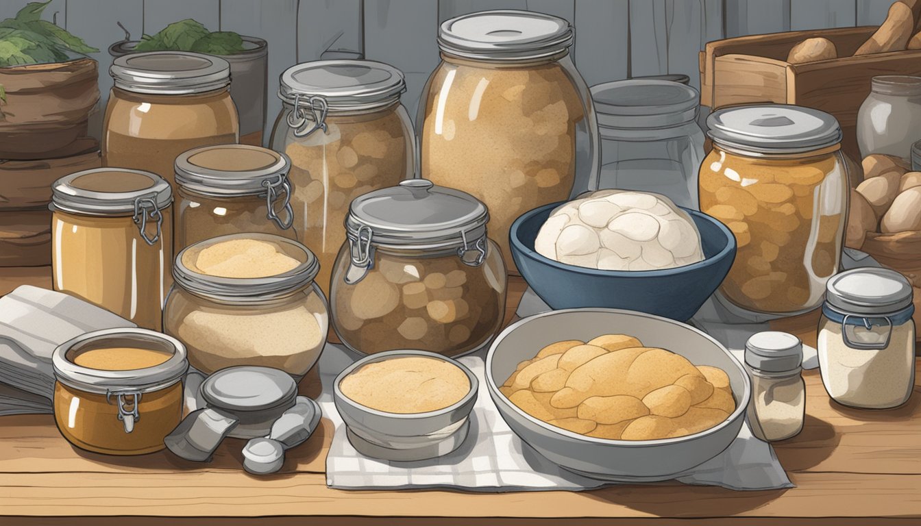 A rustic kitchen table with various jars, bowls, and utensils for making sourdough starters. A book titled "Advanced Sourdough Tips and Techniques" sits open nearby