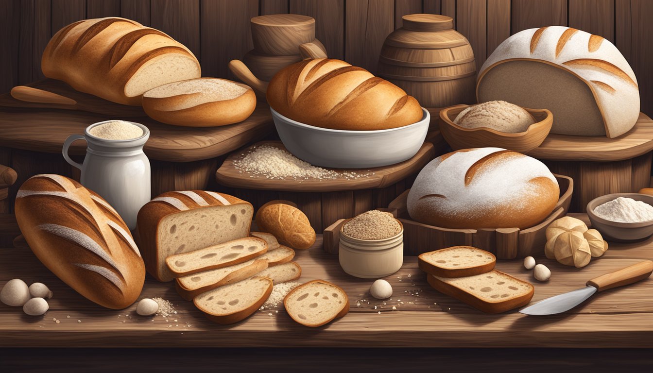 A variety of specialty sourdough bread types arranged on a rustic wooden table with a backdrop of flour and baking utensils