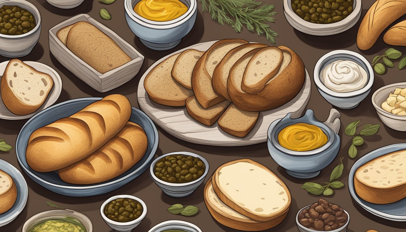 A rustic wooden table displaying an assortment of sourdough bread loaves, surrounded by bowls of complementary flavors like olive tapenade, fig jam, and herbed butter