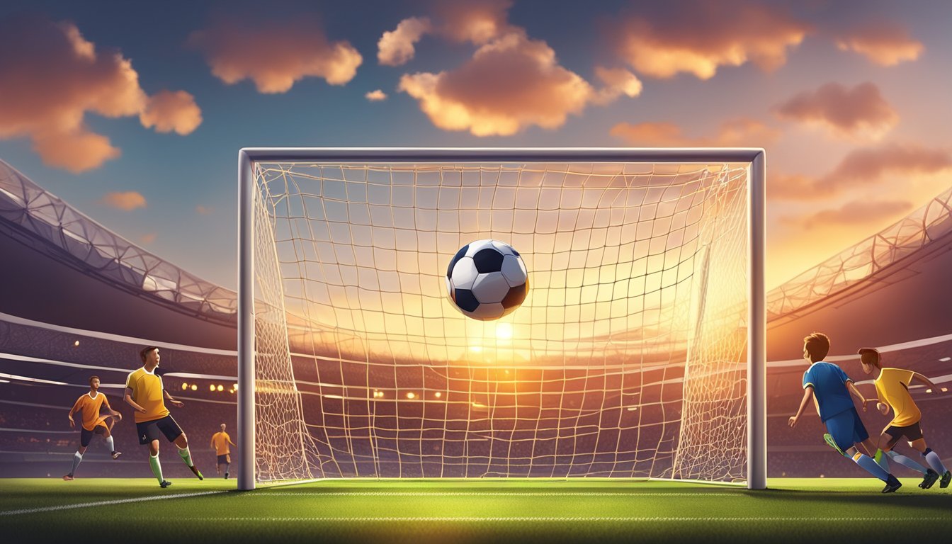 A soccer ball soaring into the top corner of the goal, surrounded by cheering fans and a picturesque sunset in the background