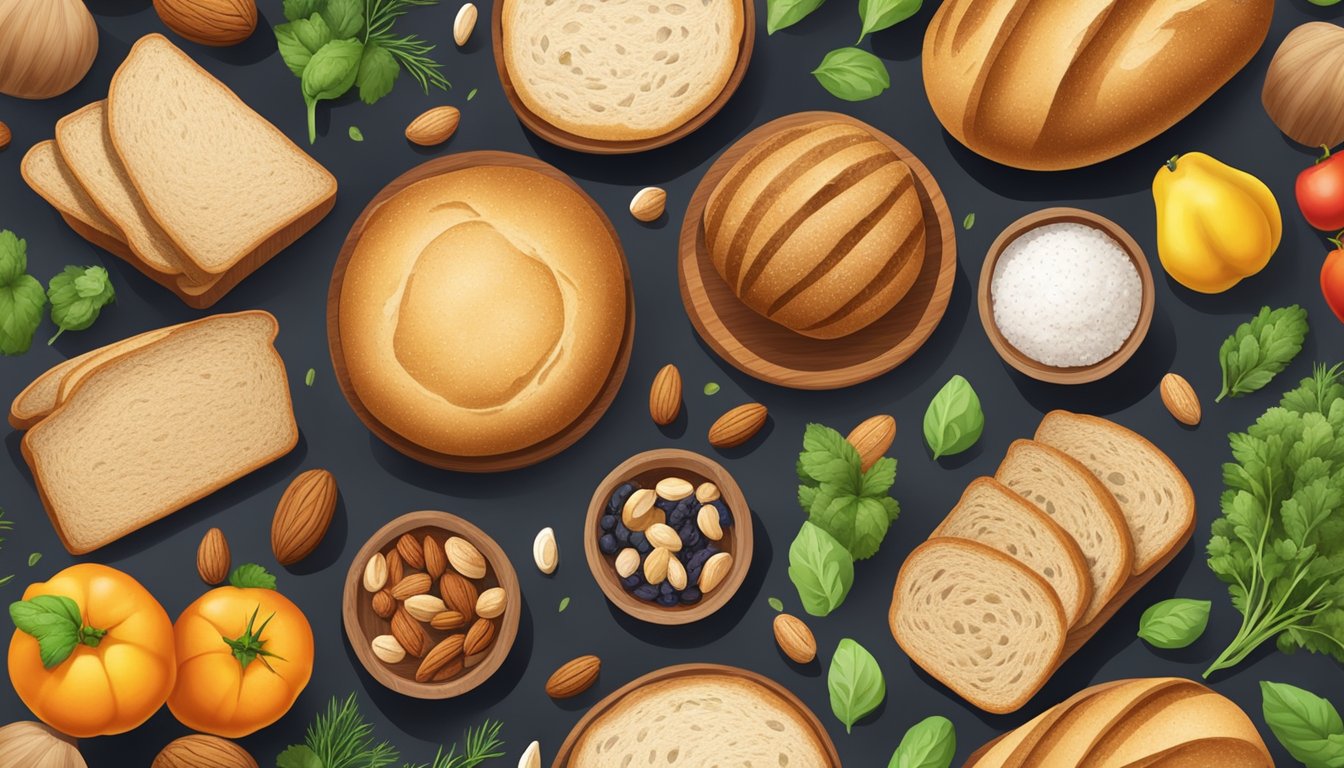 A table with a variety of sourdough bread loaves and ingredients like seeds, nuts, and fruits, surrounded by fresh herbs and colorful vegetables