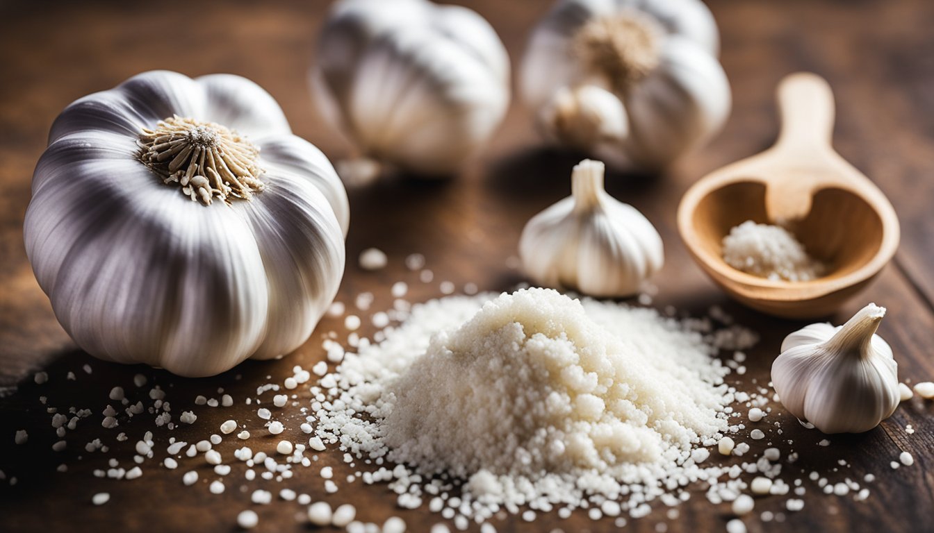 Garlic, salt, and powder on counter, ready for mixing