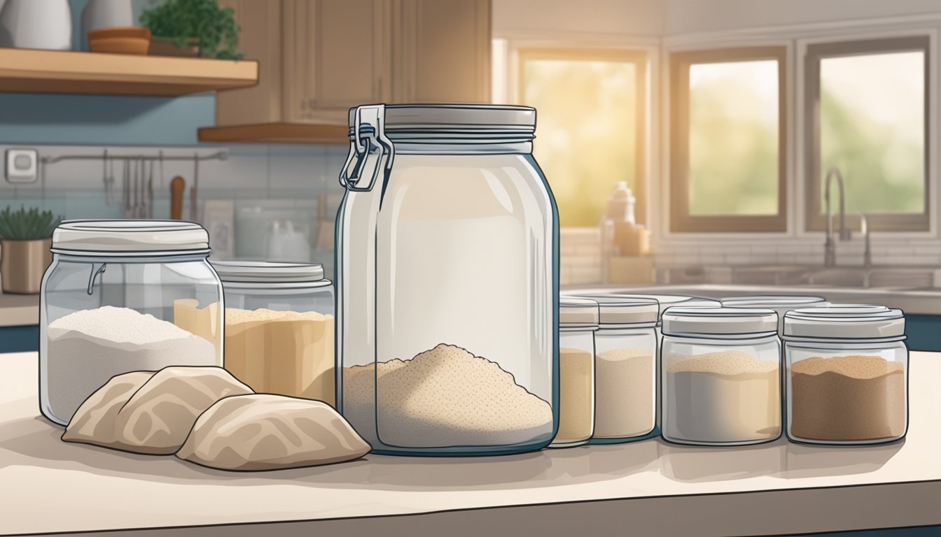 A glass jar filled with sourdough starter sits on a kitchen counter next to a stack of freezer bags and a freezer