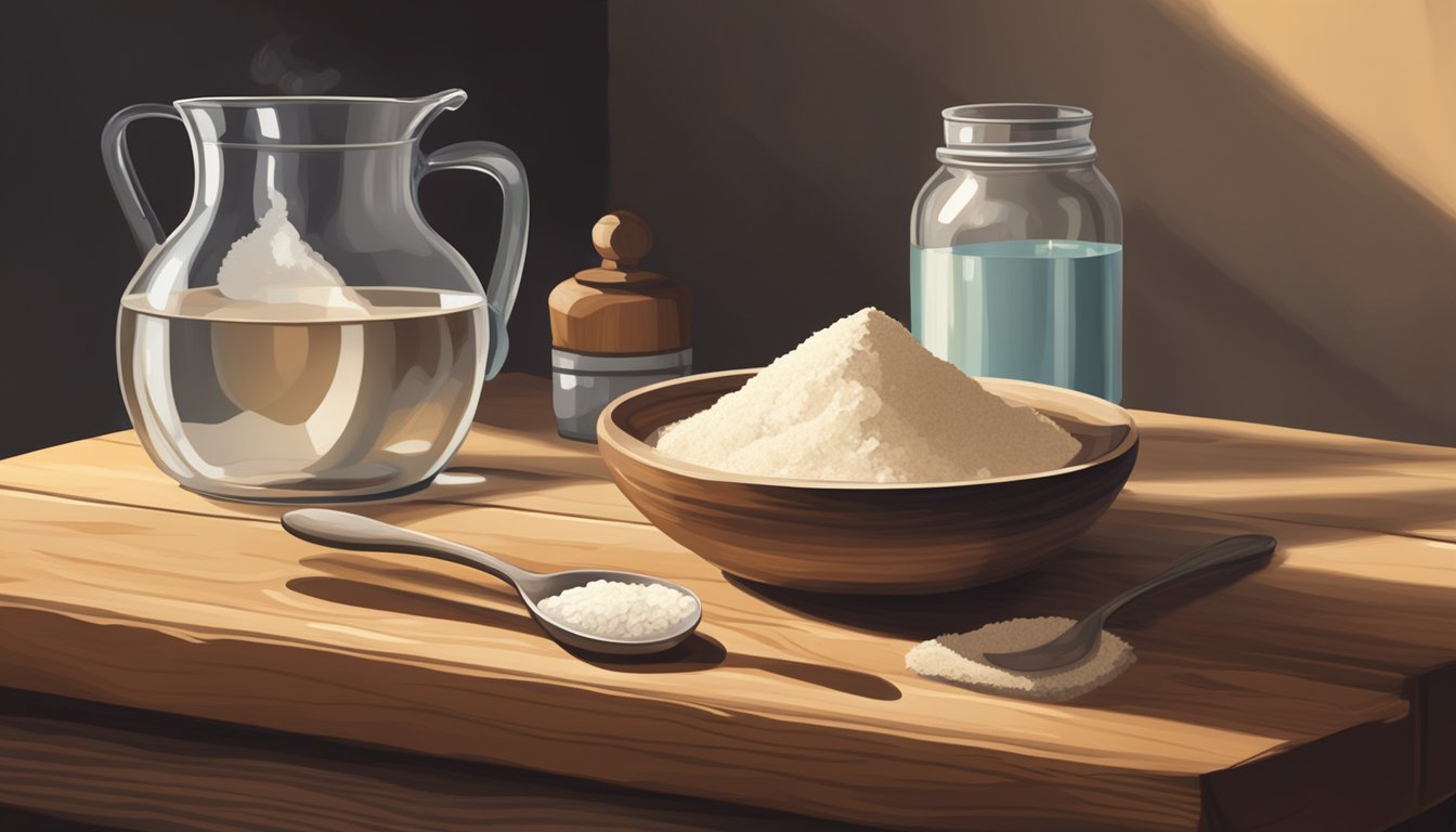 A rustic wooden table holds a bowl of flour, a jar of starter, a pitcher of water, and a spoon, surrounded by warm natural light