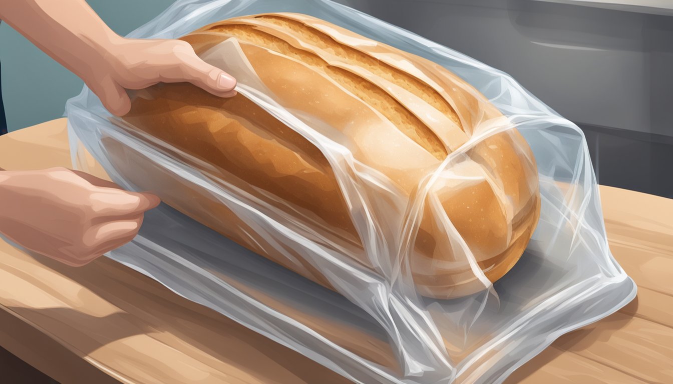 A loaf of sourdough bread is being carefully wrapped in plastic and placed into the freezer for long-term storage