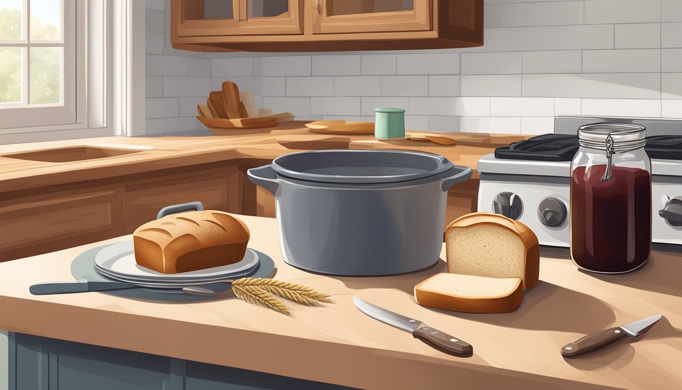 A kitchen counter with a loaf of whole wheat sourdough bread in a bread box, surrounded by a cutting board, knife, and a jar of homemade jam