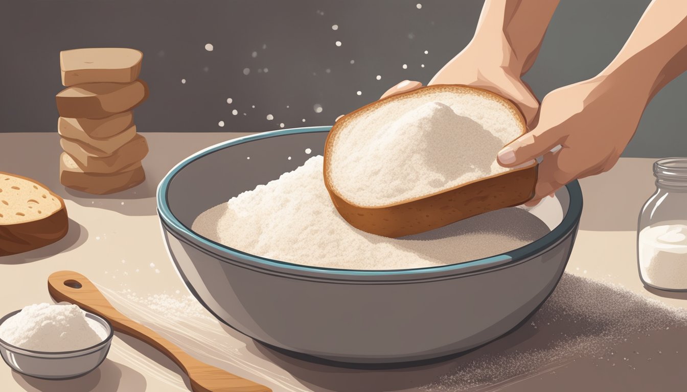 A hand mixing salt into a bowl of sourdough starter and flour, with a loaf of bread rising in the background