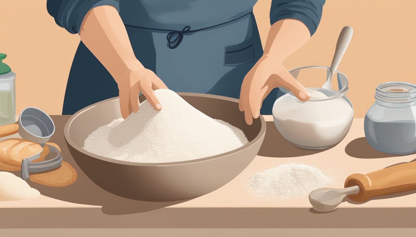 A hand pouring a measured amount of salt into a bowl of sourdough starter, surrounded by various baking ingredients and tools on a kitchen counter