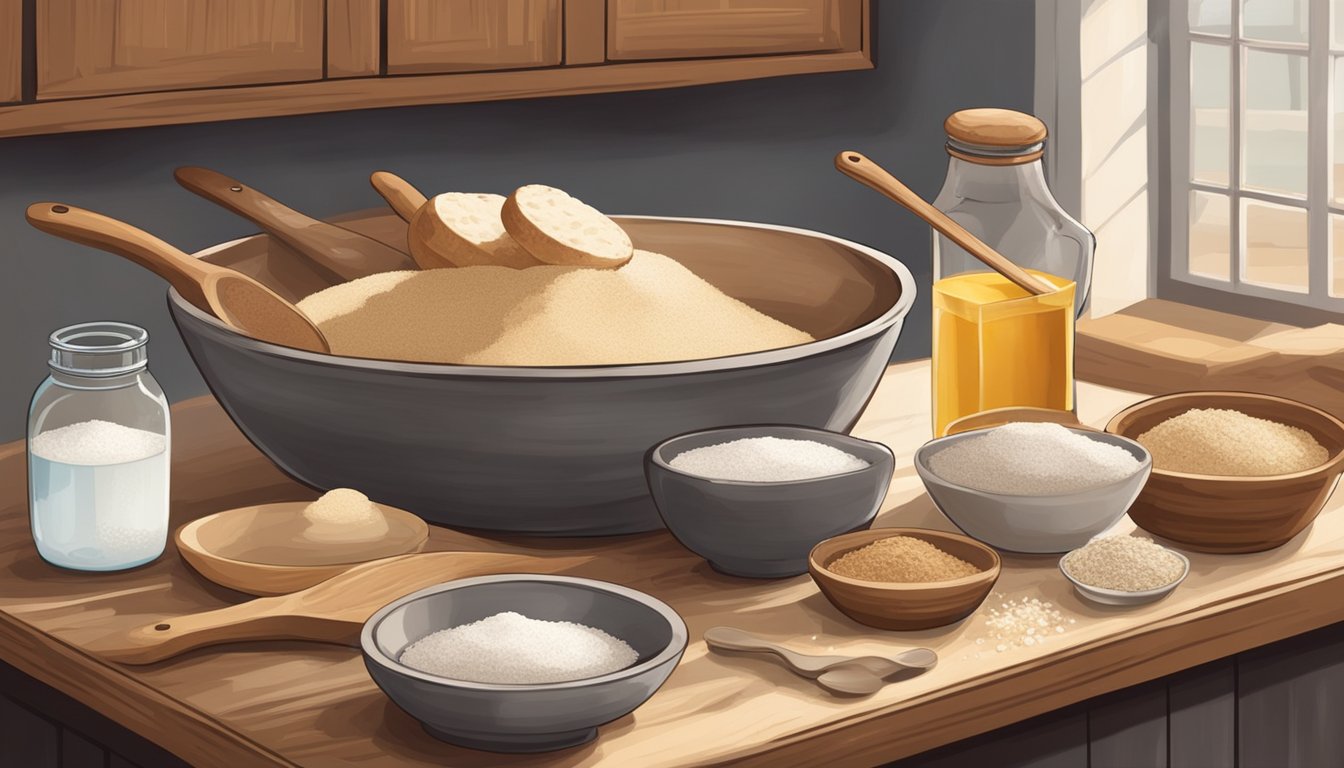 A rustic kitchen counter with various ingredients and utensils for sourdough baking, including a bowl of starter, flour, water, and a small dish of salt