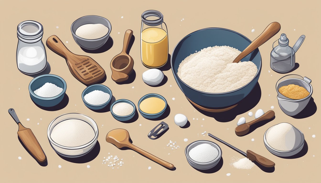 A hand mixing salt into a bowl of sourdough starter, surrounded by various baking tools and ingredients